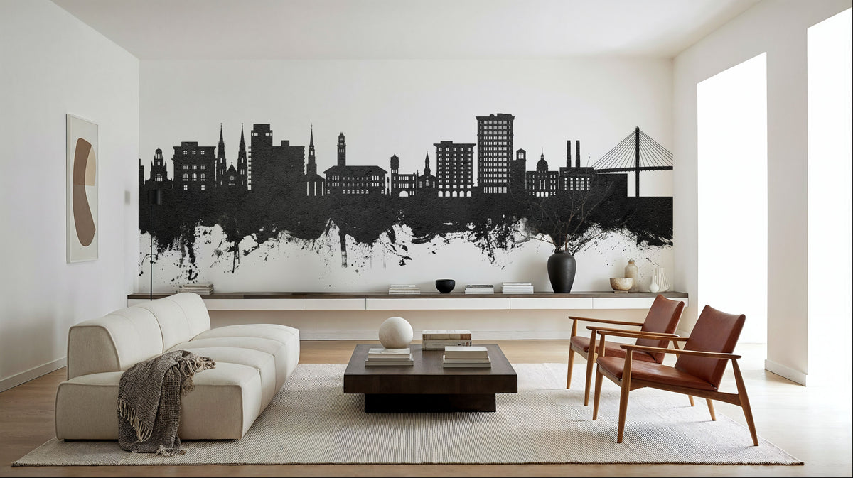 Savannah Georgia Skyline Black & White Mural Wallpaper - room preview 06