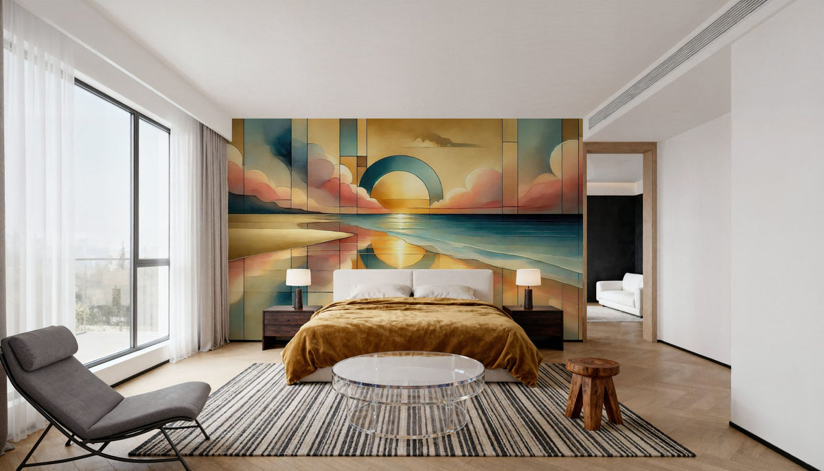 Golden Sunset Vista in Art Deco Mural Wallpaper - room preview 06
