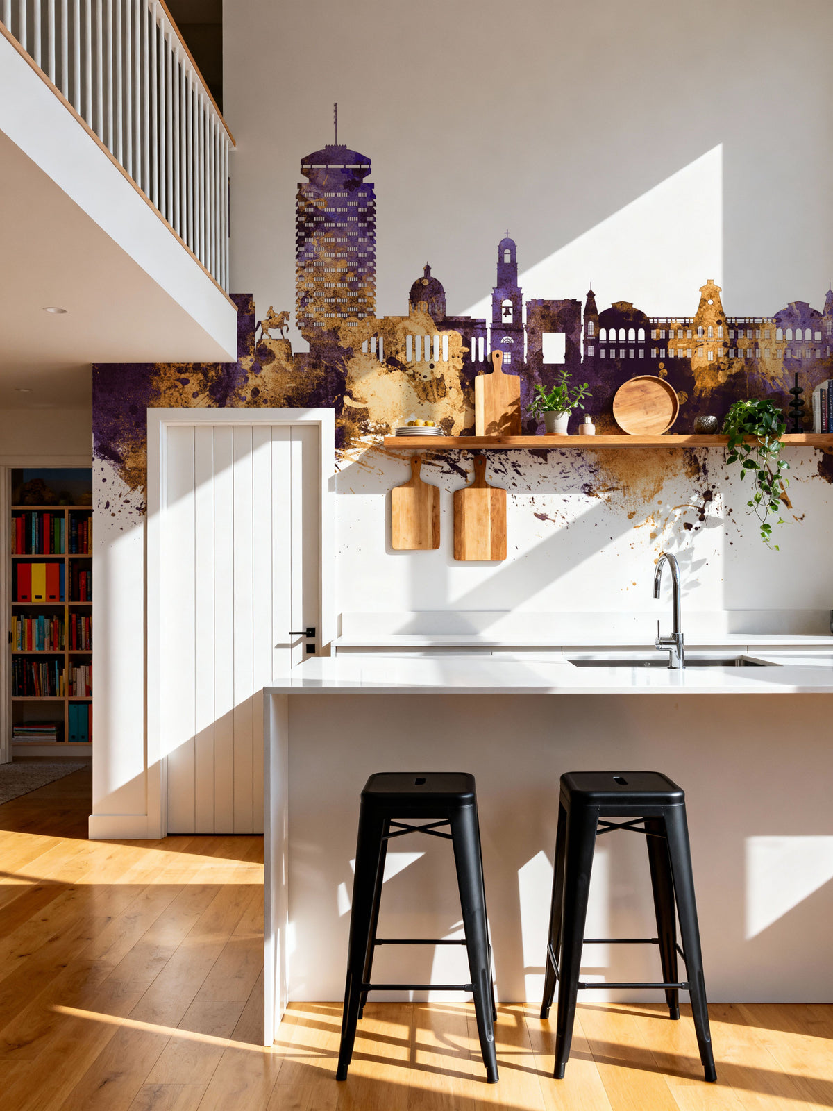 Chisinau Moldova Skyline Purple & Gold Mural Wallpaper - room preview 06