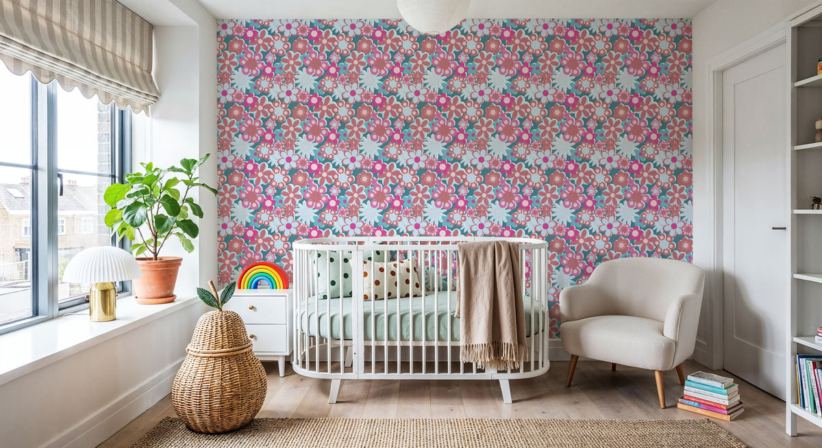 Flower Power, Turqoise Mural Wallpaper - room preview 06