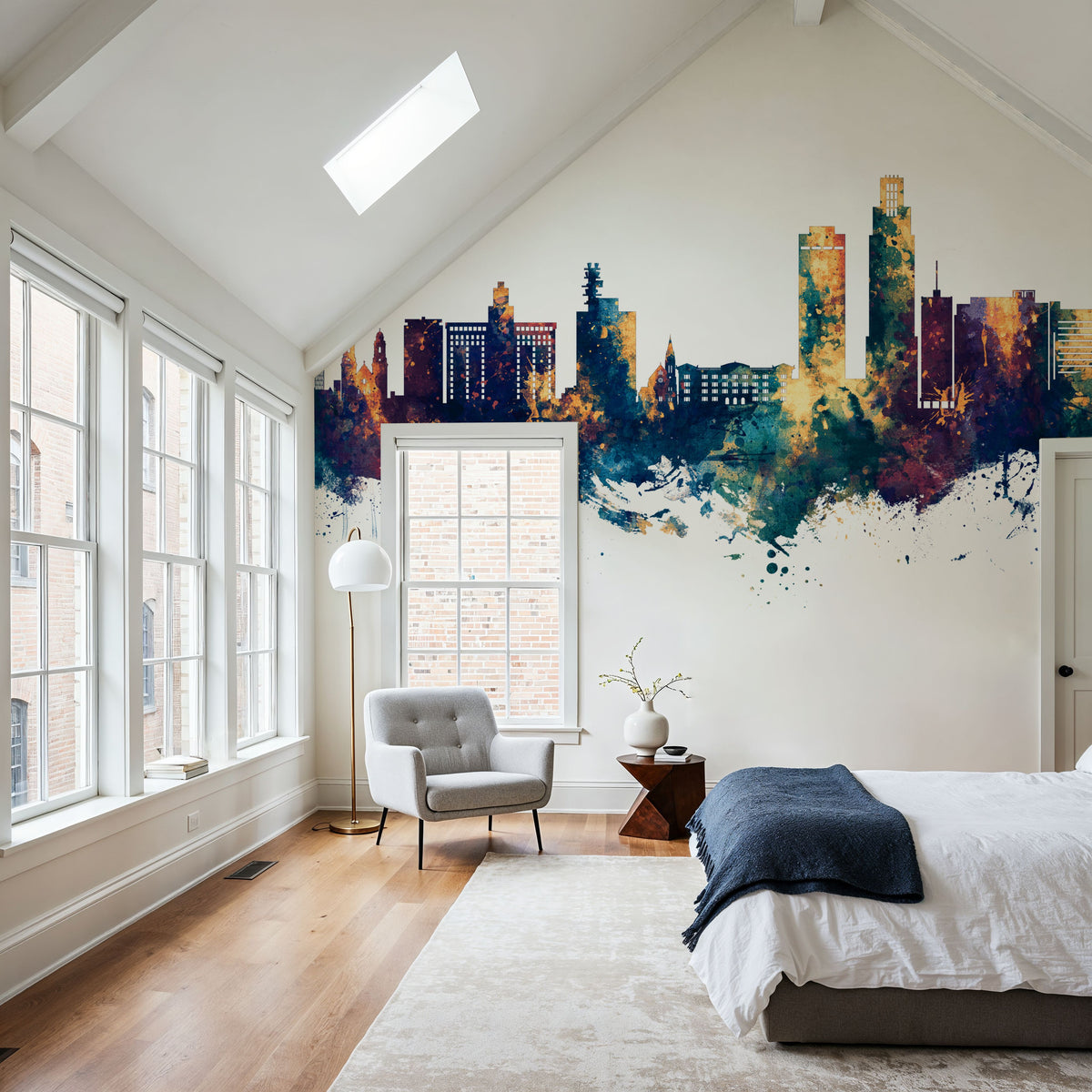 Omaha Nebraska Skyline Blue & Bronze Mural Wallpaper - room preview 06