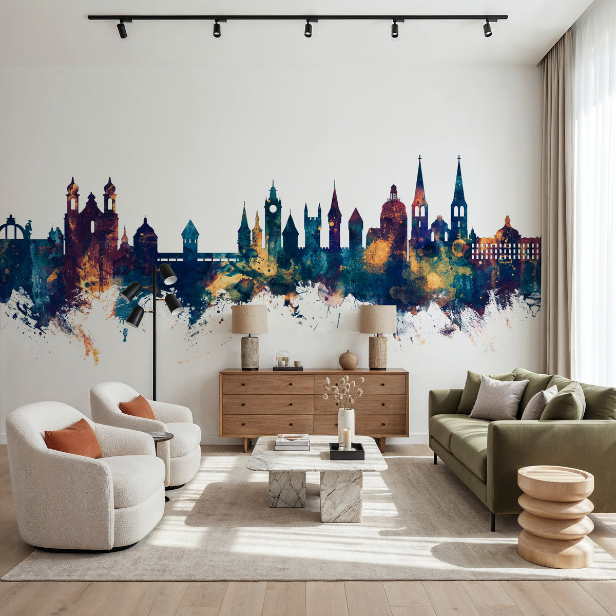 Lucerne Switzerland Luzern Skyline Blue & Bronze Mural Wallpaper - room preview 06