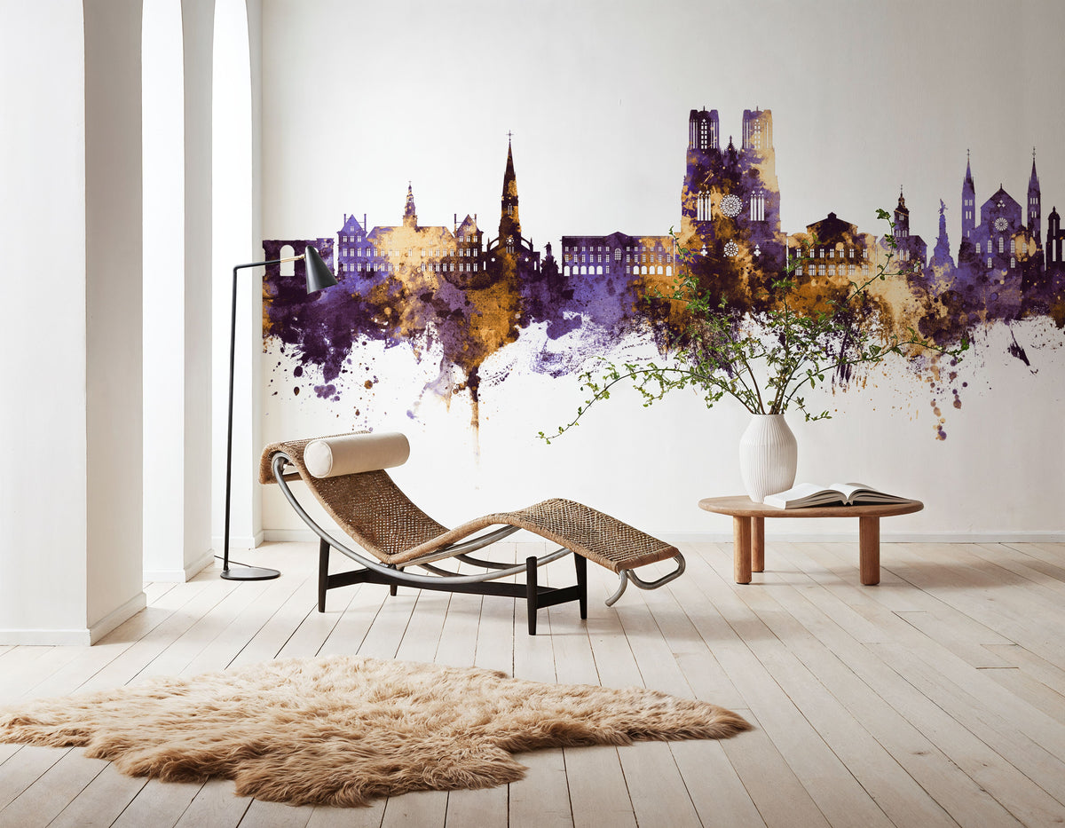Reims France Skyline Purple & Gold Mural Wallpaper - room preview 06