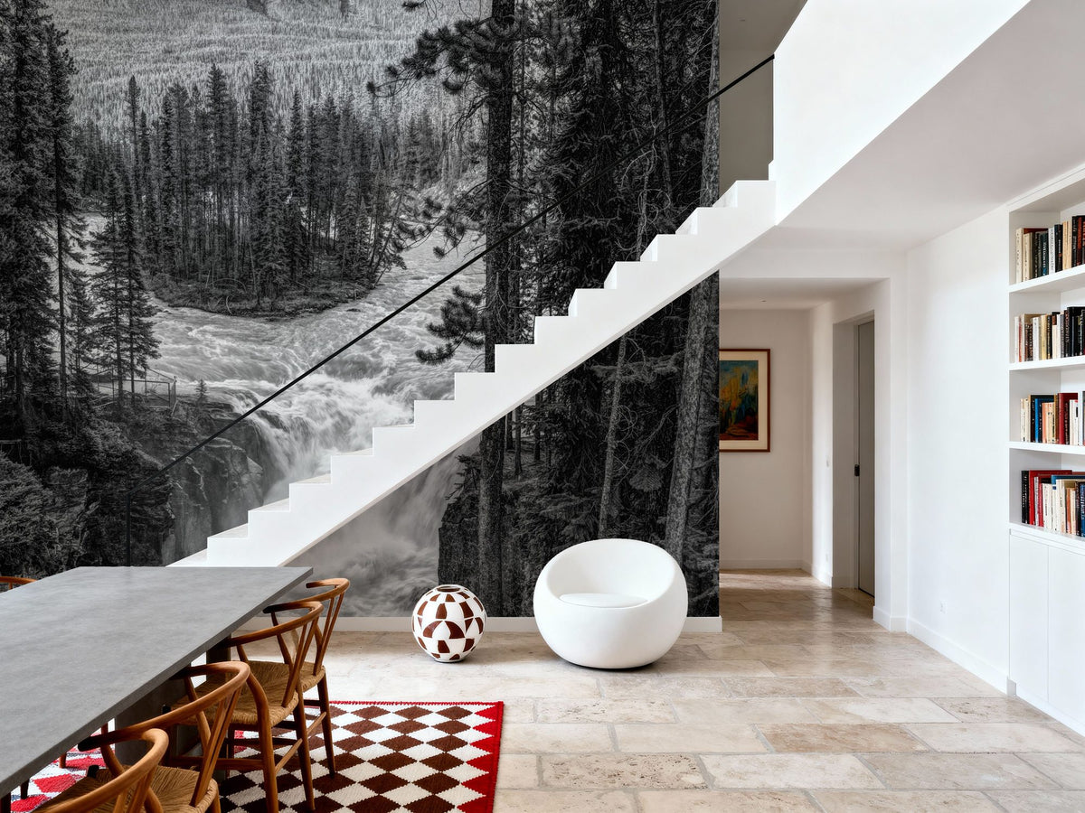 Sunwapta Falls BW Mural Wallpaper - room preview 06