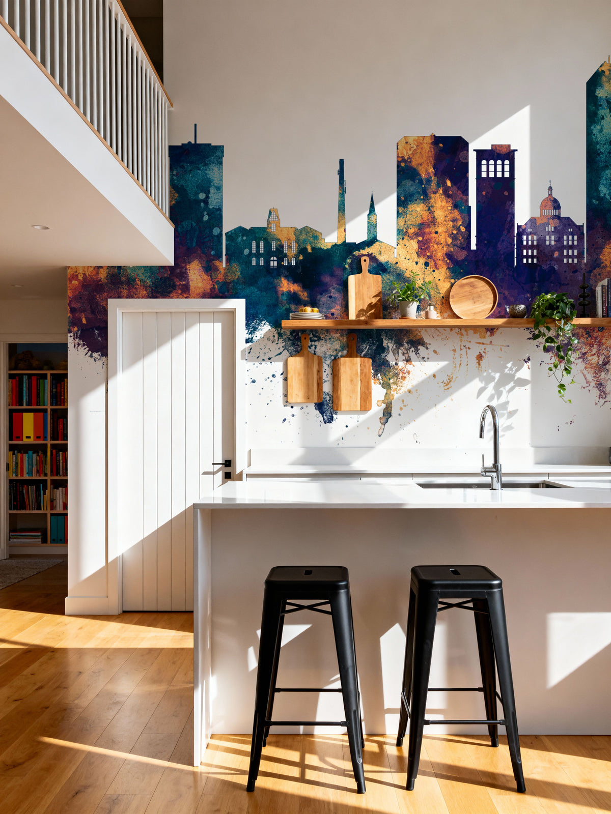 Lexington Kentucky Skyline Blue & Bronze Mural Wallpaper - room preview 06