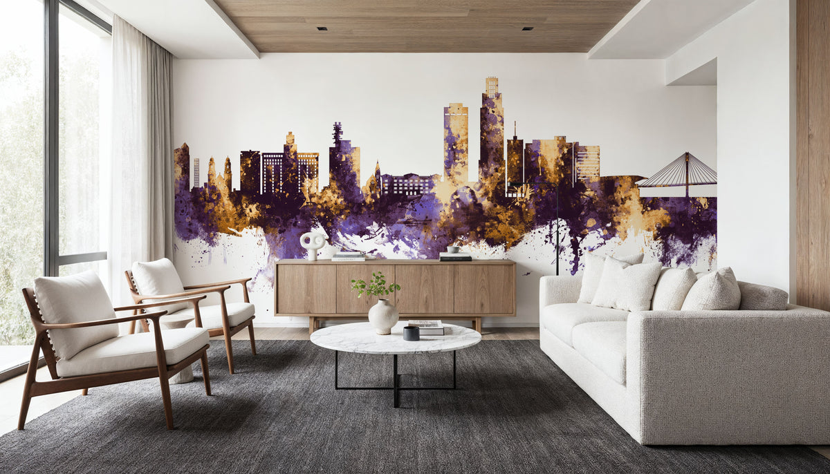 Omaha Nebraska Skyline Purple & Gold Mural Wallpaper - room preview 06
