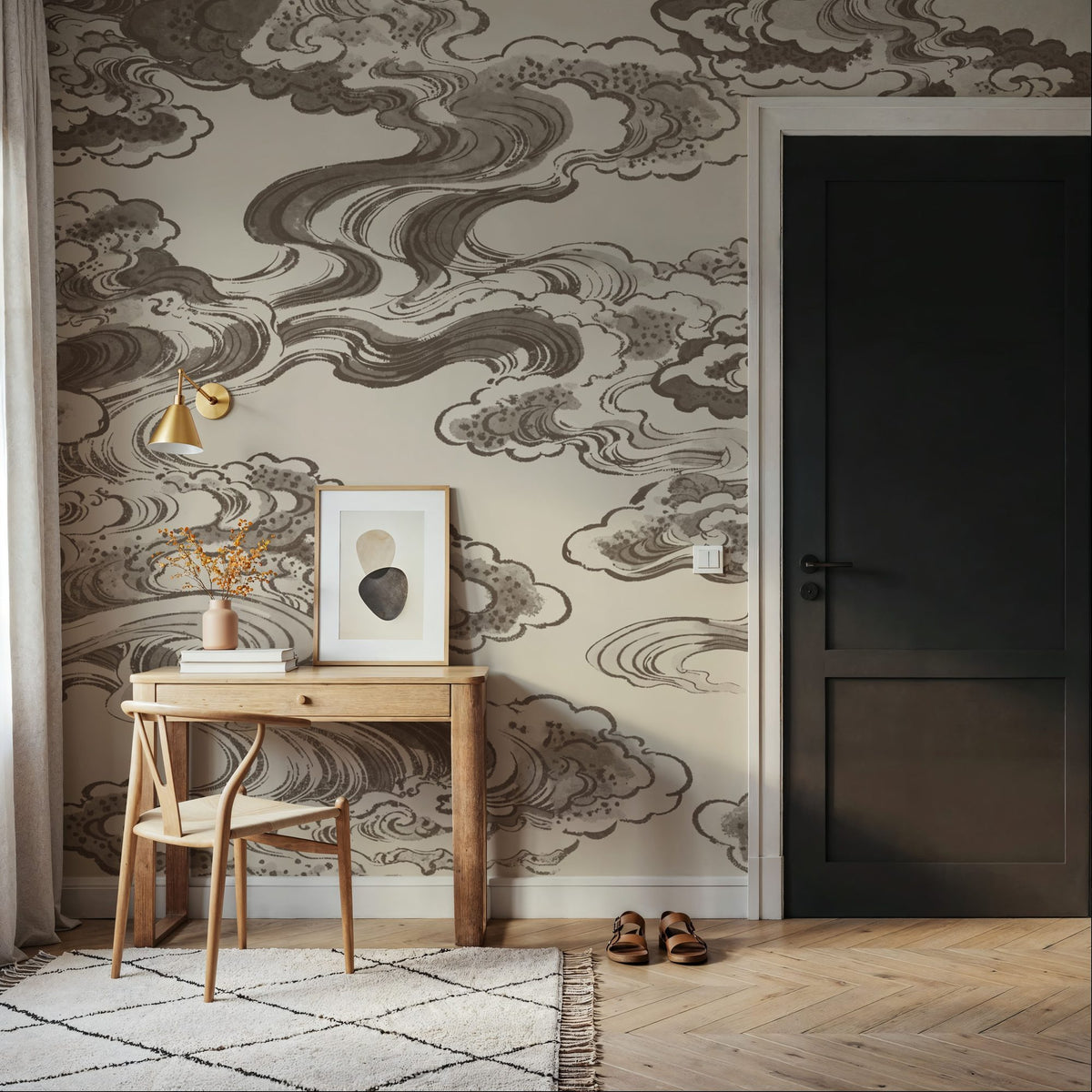 Ukiyo-e Clouds, Mauve Mural Wallpaper - room preview 06