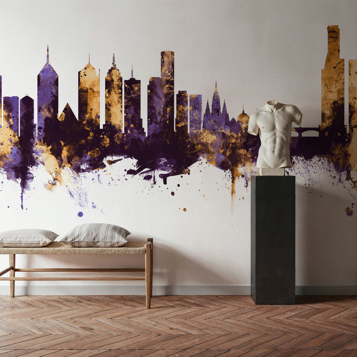 Melbourne Australia Skyline Purple & Gold Mural Wallpaper - room preview 06