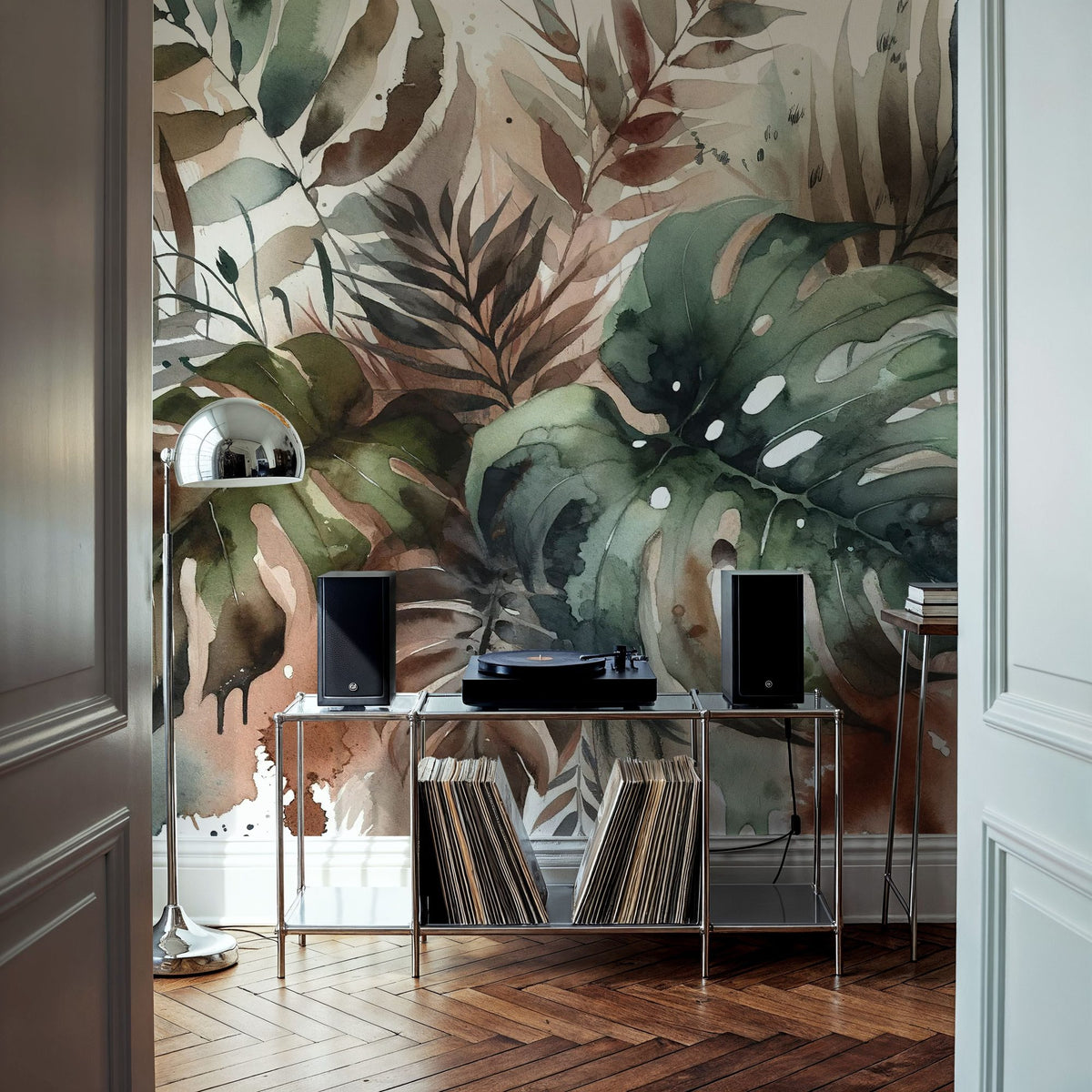 Tropical Rains on Monstera Leaves Mural Wallpaper - room preview 06