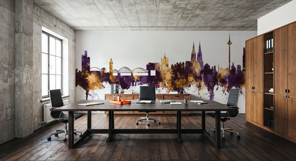 Cologne Germany Skyline Purple & Gold Mural Wallpaper - room preview 06