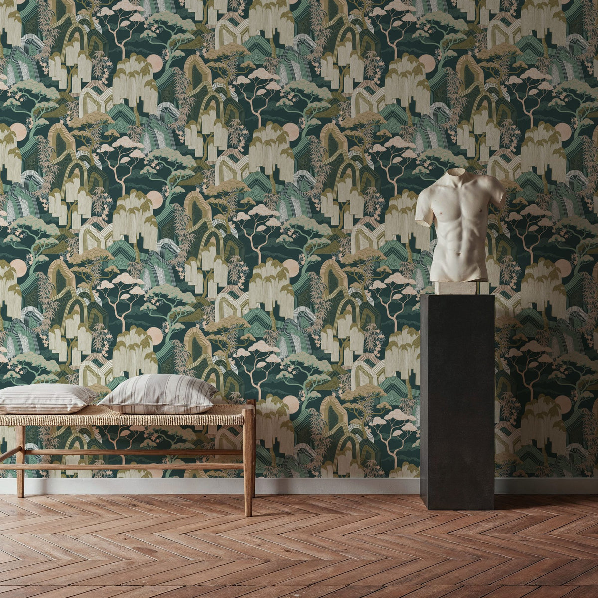 Whispers of the Mountain Pattern, Green Mural Wallpaper - room preview 06