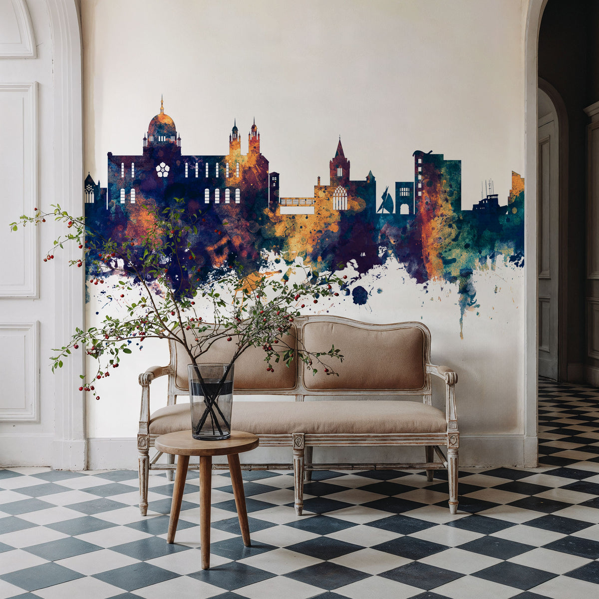 Galway Ireland Skyline Blue & Bronze Mural Wallpaper - room preview 06