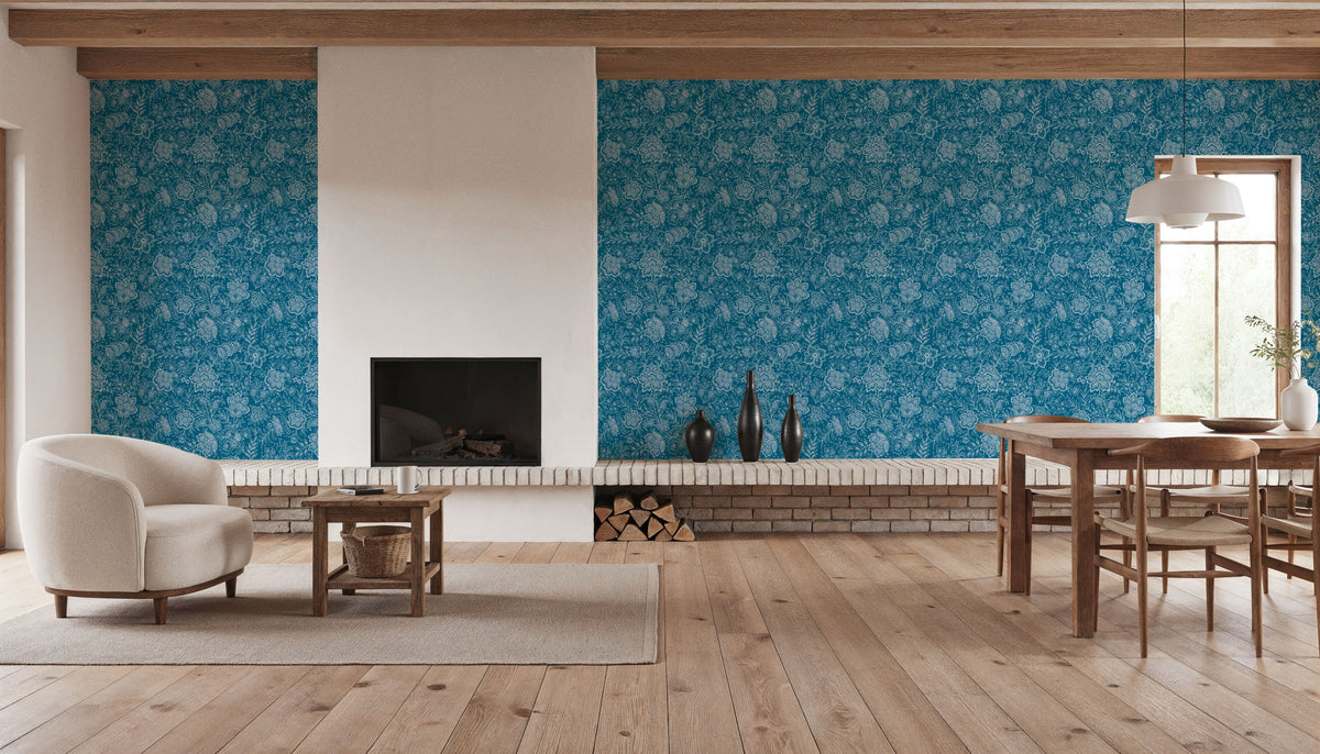 Kala Flowers White on Blue Mural Wallpaper - room preview 06