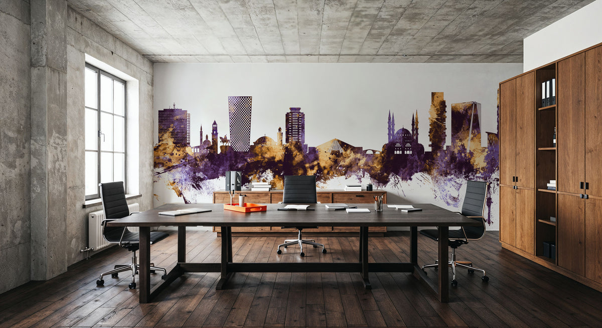 Tirana Skyline Purple & Gold Mural Wallpaper - room preview 06