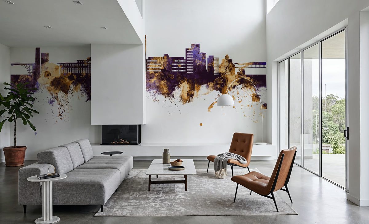 Telford England Skyline Purple & Gold Mural Wallpaper - room preview 06