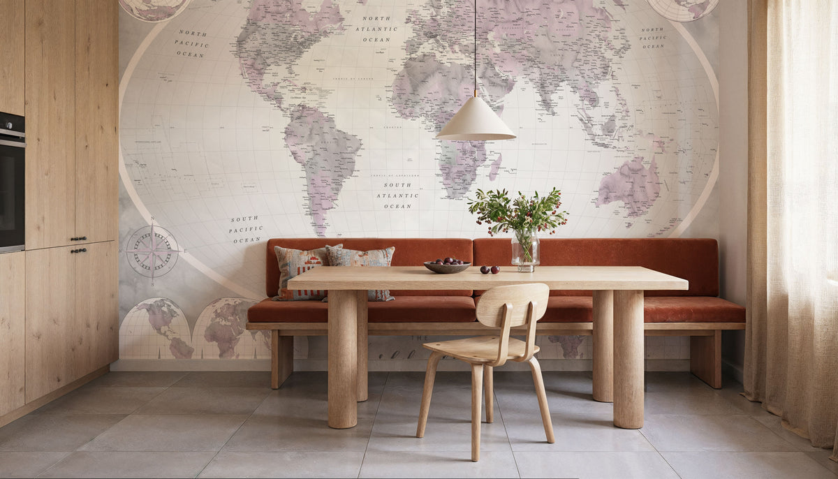 World Map Atlas Pink Mural Wallpaper - room preview 06