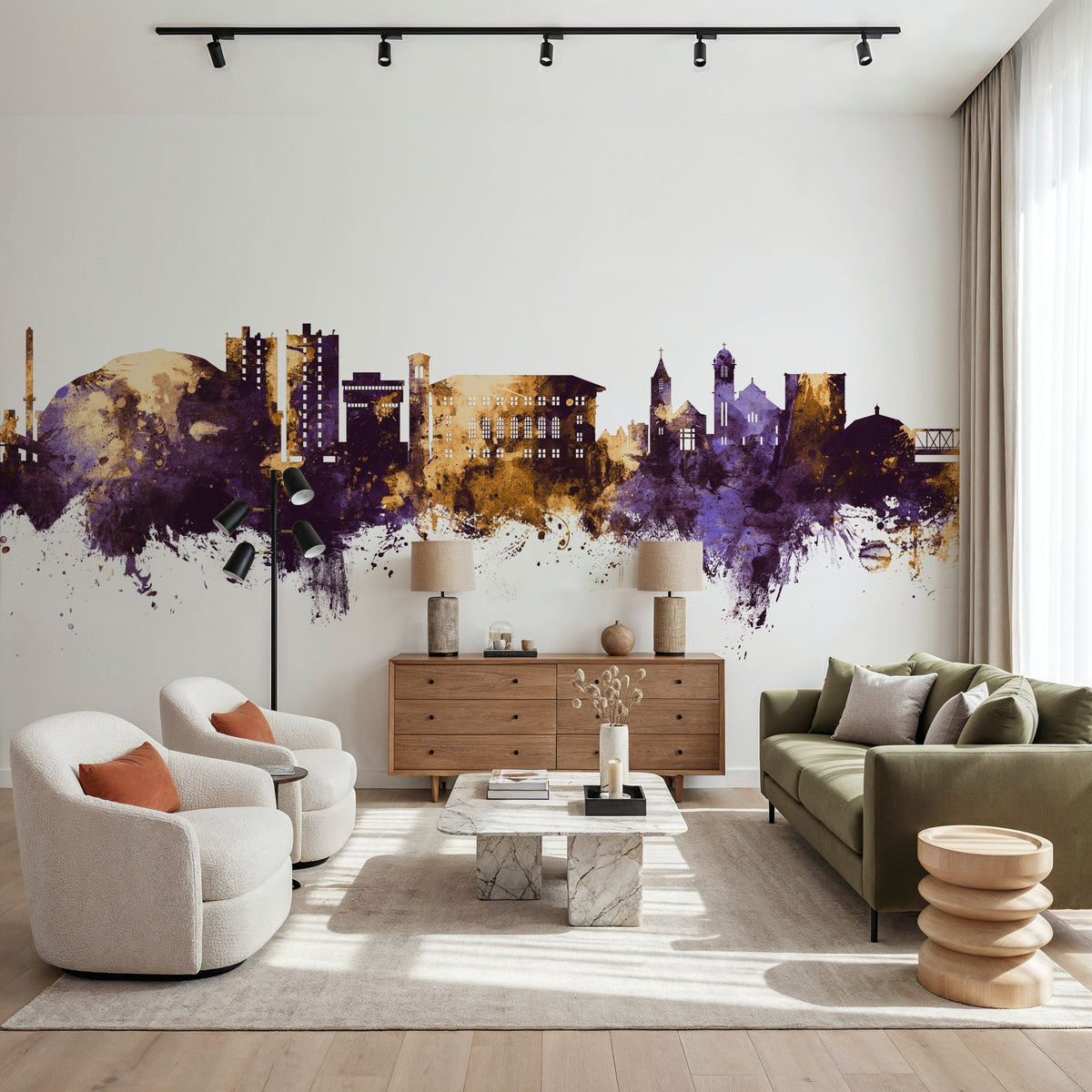 Cedar Falls Iowa Skyline Purple & Gold Mural Wallpaper - room preview 06