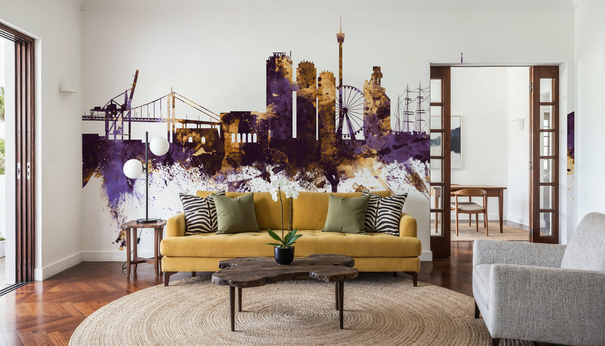 Gothenburg Skyline Purple & Gold Mural Wallpaper - room preview 06
