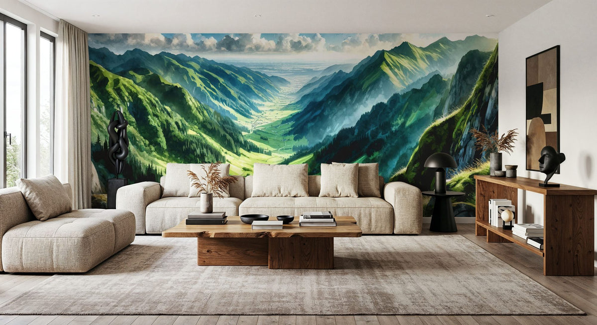 Expansive Mountain Valley Landscape Mural Wallpaper - room preview 06