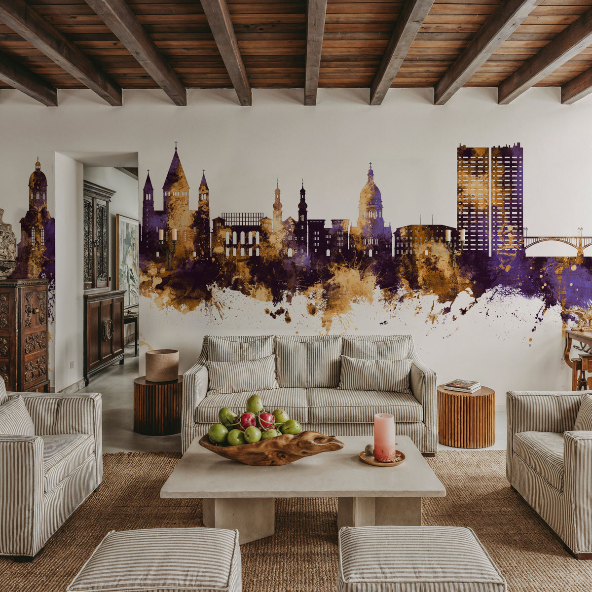 Mainz Germany Skyline Purple & Gold Mural Wallpaper - room preview 06