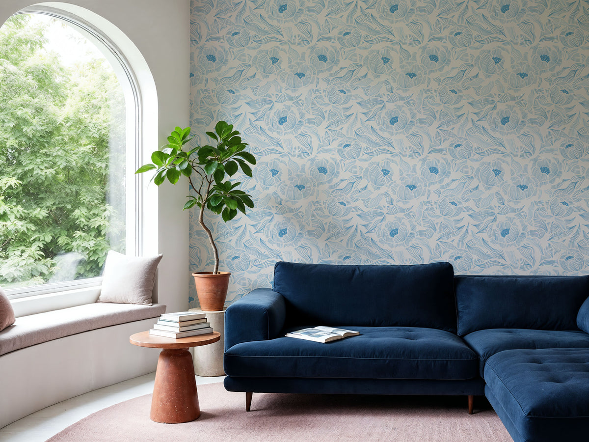 Hidden Peonies, Blue on Beige Mural Wallpaper - room preview 06