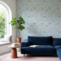 Hidden Peonies, Blue on Beige Mural Wallpaper - room preview 06