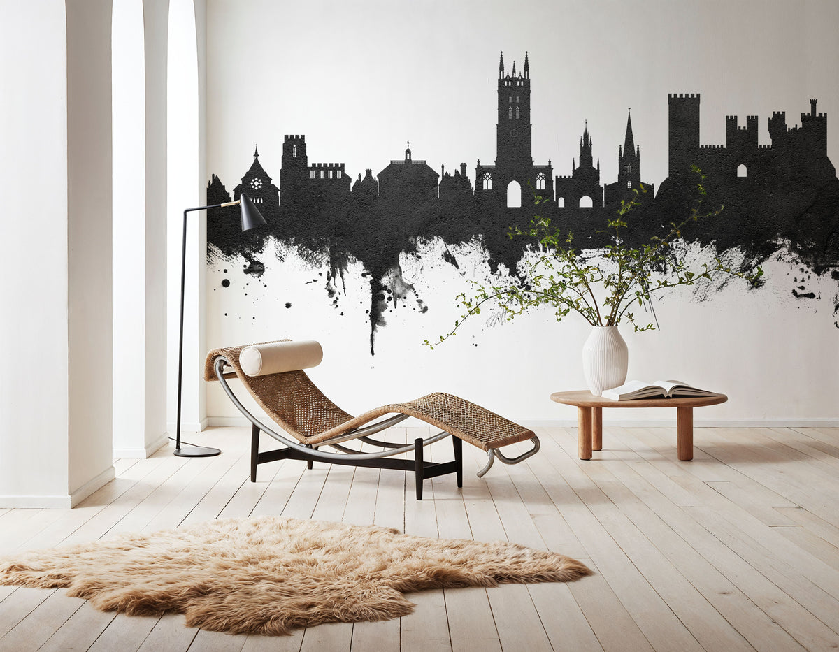 Warwick England Skyline Black & White Mural Wallpaper - room preview 06
