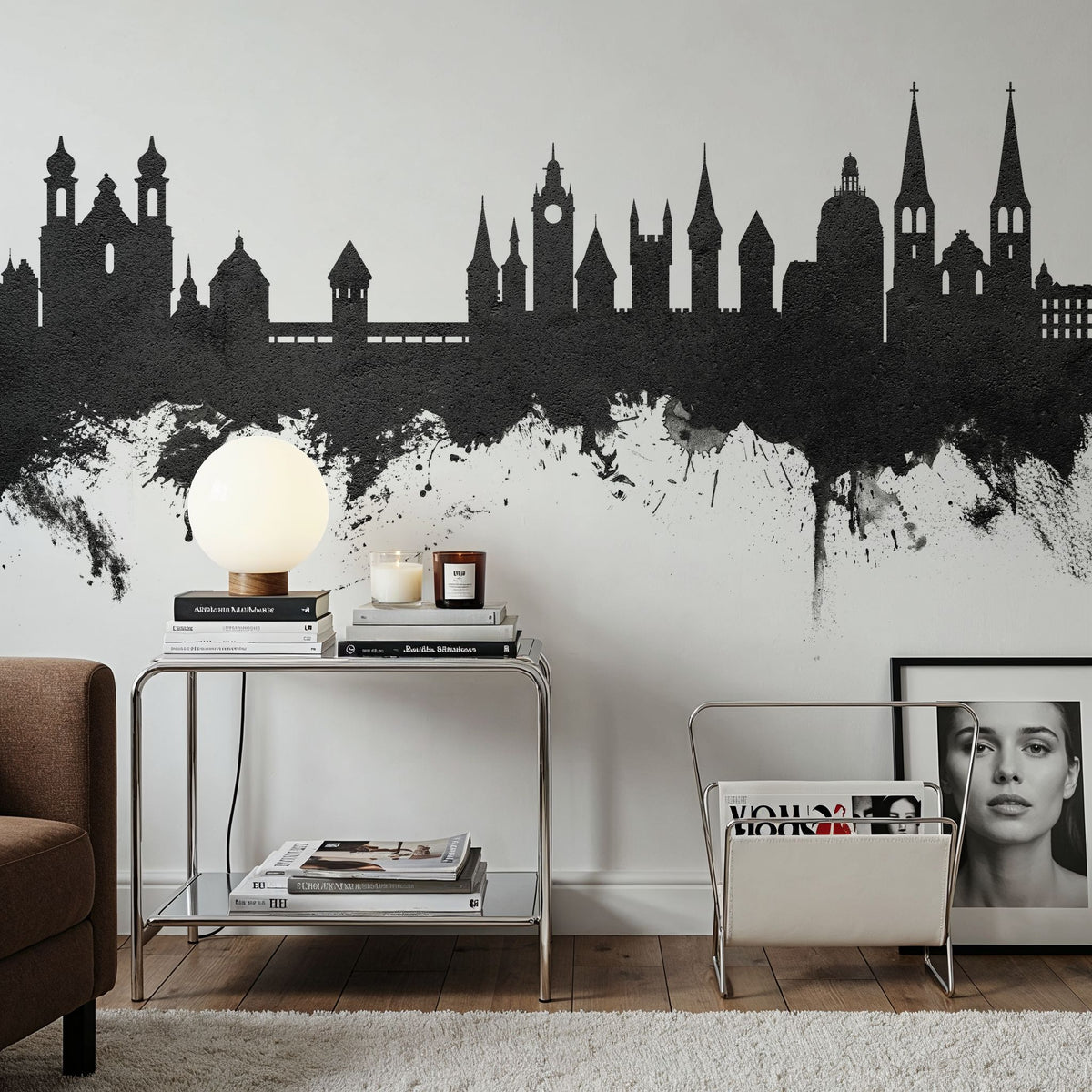 Lucerne Switzerland Luzern Skyline Black & White Mural Wallpaper - room preview 06