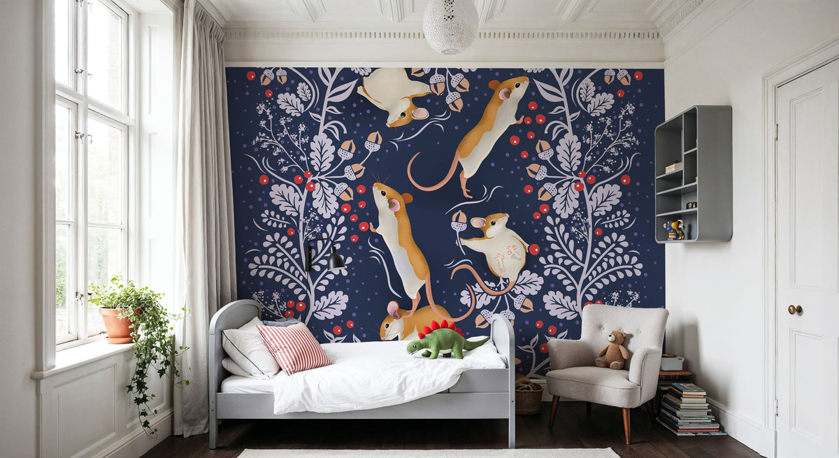 Holiday Mice, Blue Mural Wallpaper - room preview 06