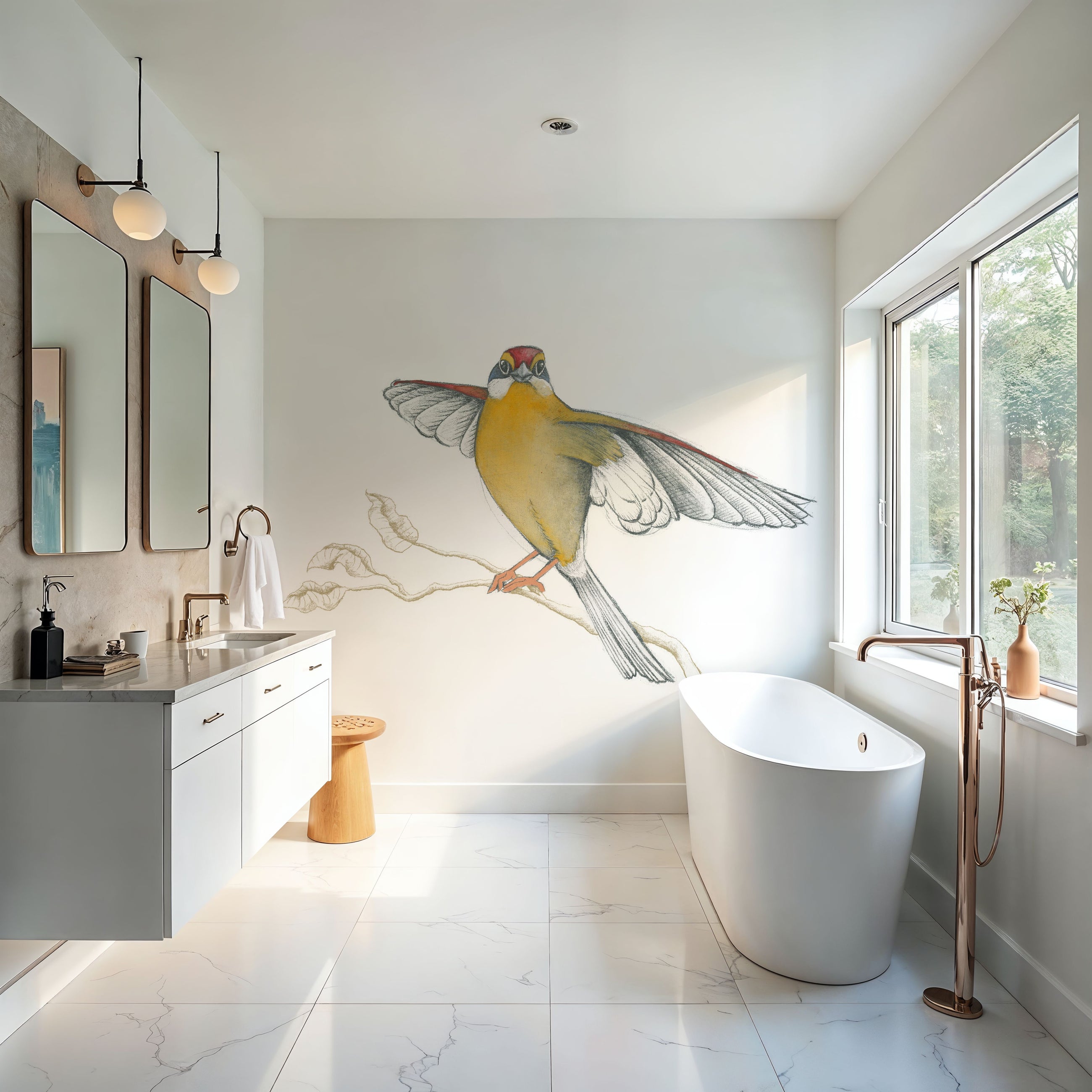 Arts and Crafts Birds IV on White Mural Wallpaper