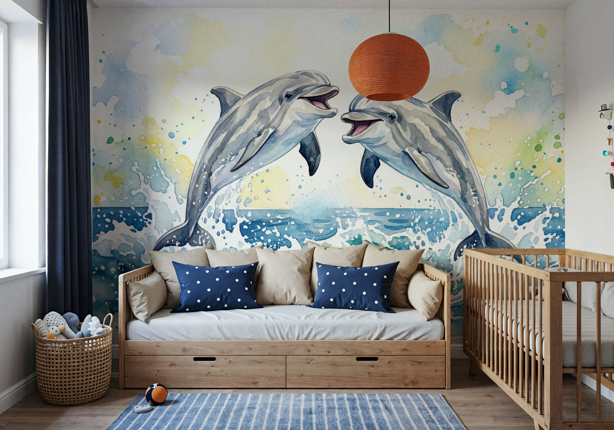 Dolphins II - Watercolor Spirit Animals Series Mural Wallpaper - room preview 06