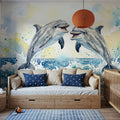 Dolphins II - Watercolor Spirit Animals Series Mural Wallpaper - room preview 06
