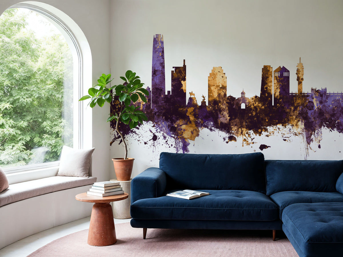 Santiago De Chile Skyline Purple & Gold Mural Wallpaper - room preview 06