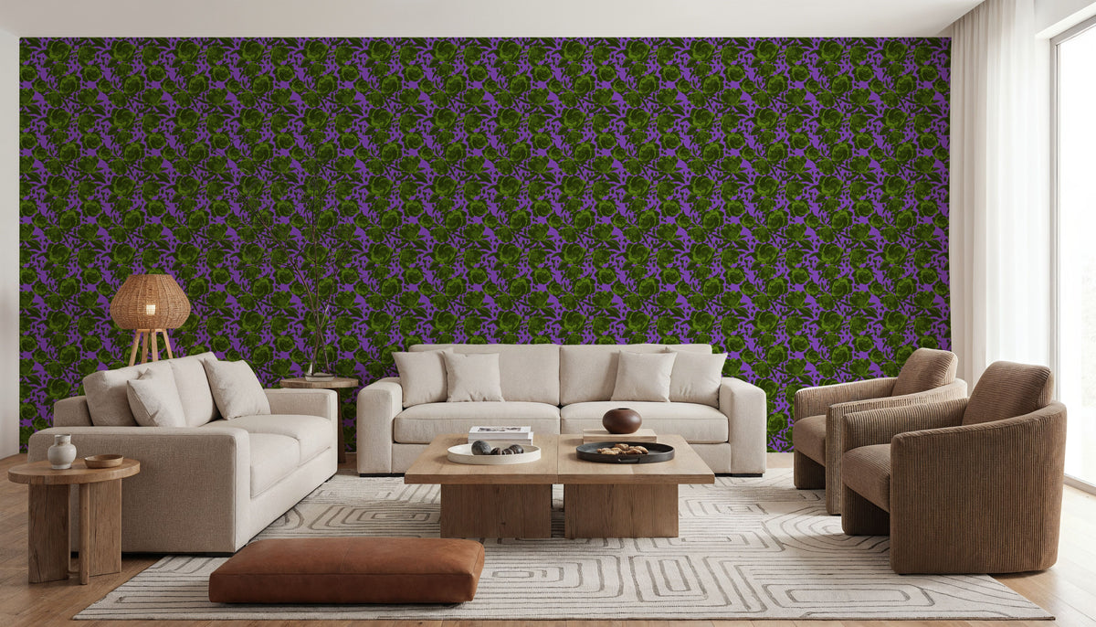 Pop Peonies, Green & Purple Mural Wallpaper - room preview 06
