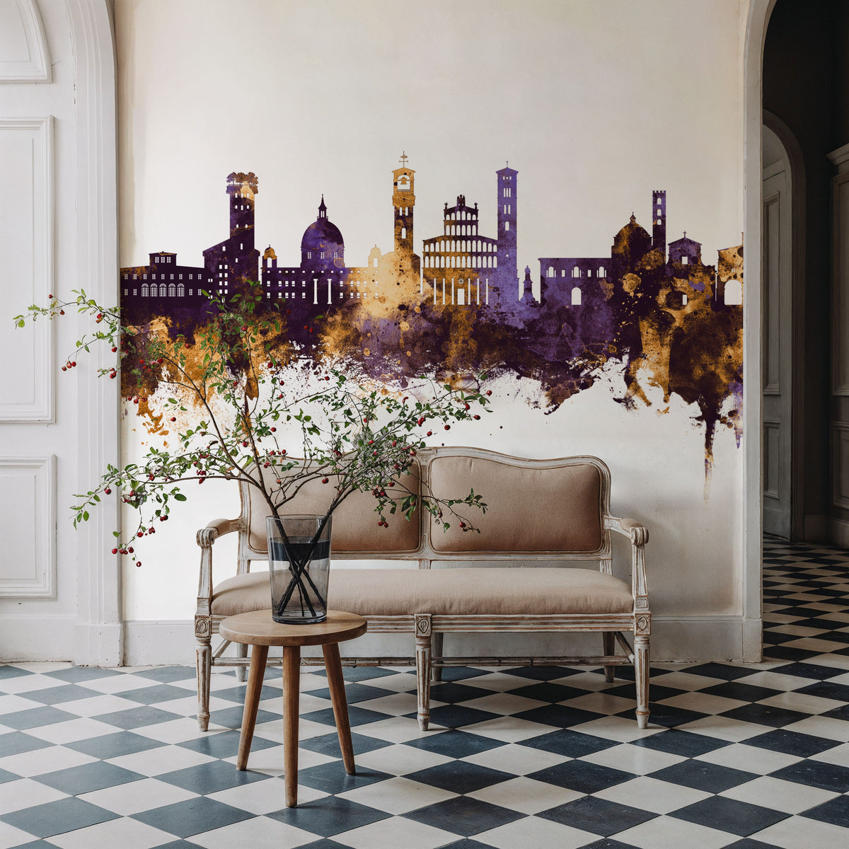 Lucca Italy Skyline Purple & Gold Mural Wallpaper - room preview 06