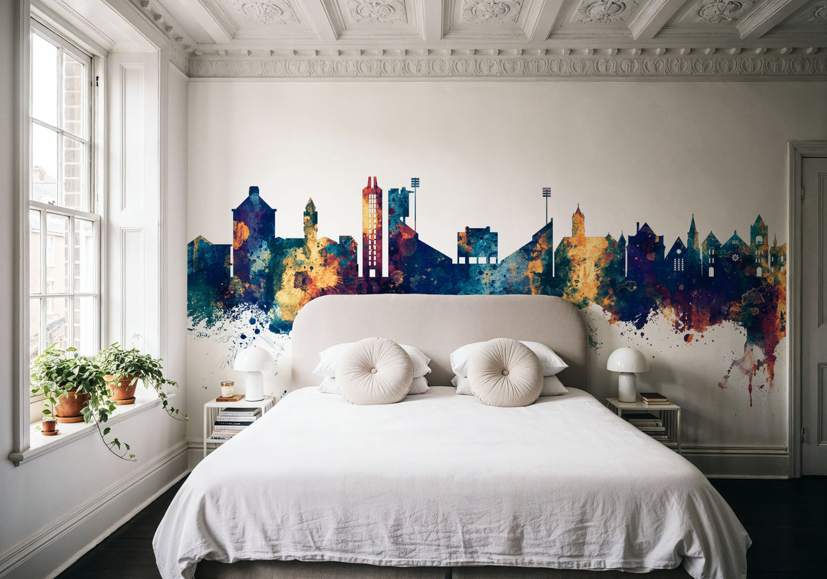 Lawrence Kansas Skyline Blue & Bronze Mural Wallpaper - room preview 06