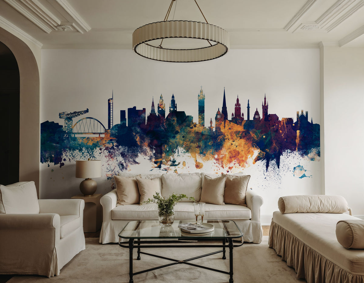 Glasgow Scotland Skyline Blue & Bronze Mural Wallpaper - room preview 06