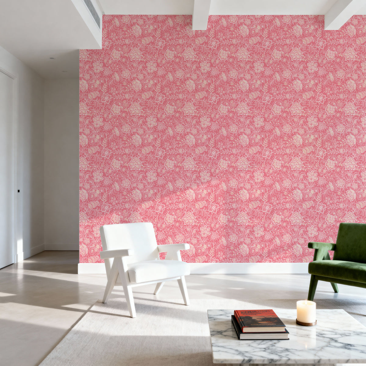 Kala Flowers White on Red Mural Wallpaper - room preview 06