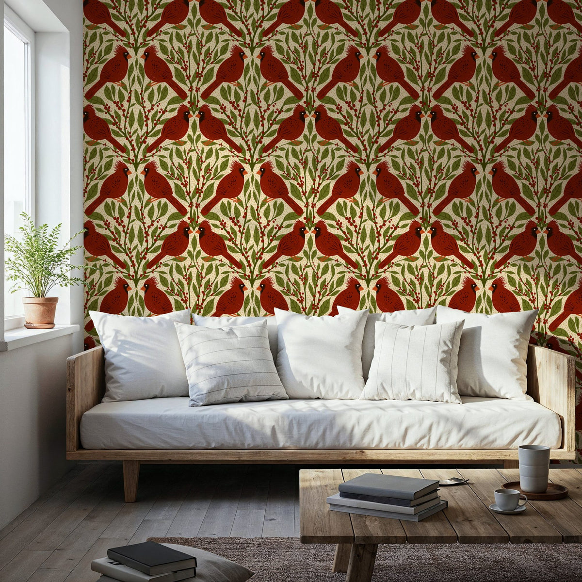 Cardinals & Winterberries, Vintage Mural Wallpaper - room preview 06