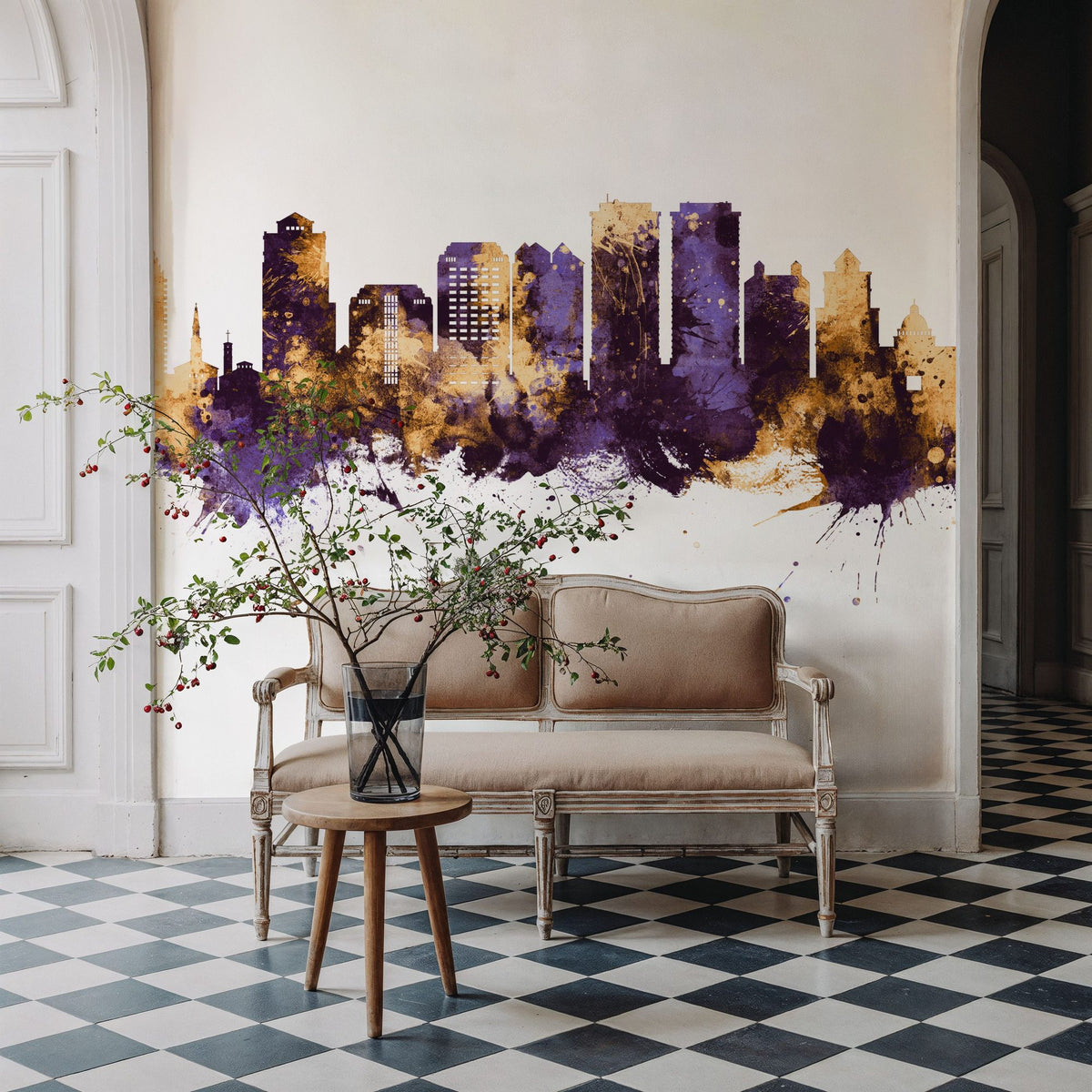 West Palm Beach Florida Skyline Purple & Gold Mural Wallpaper - room preview 06