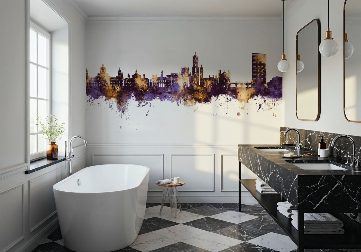 Valladolid Spain Skyline Purple & Gold Mural Wallpaper - room preview 06