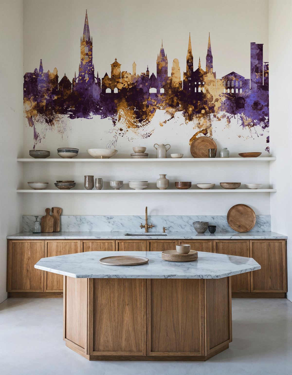 Freiburg Germnay Skyline Purple & Gold Mural Wallpaper - room preview 06