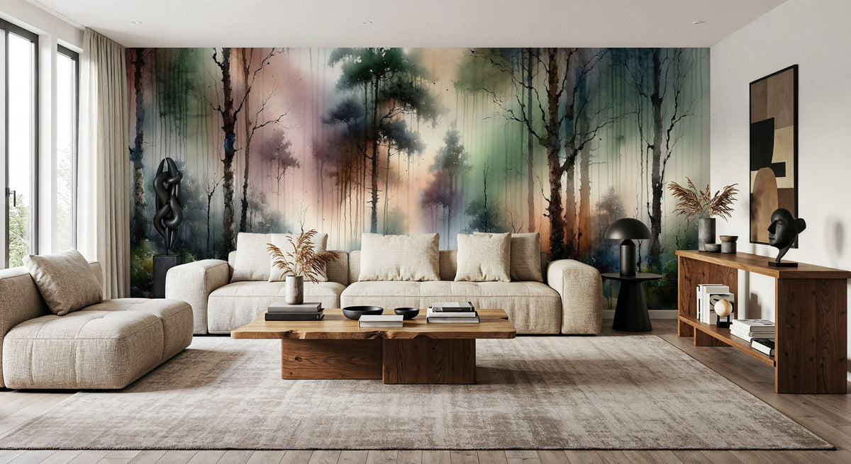 Mysterious Forest Enveloped in Thick Fog Mural Wallpaper - room preview 06