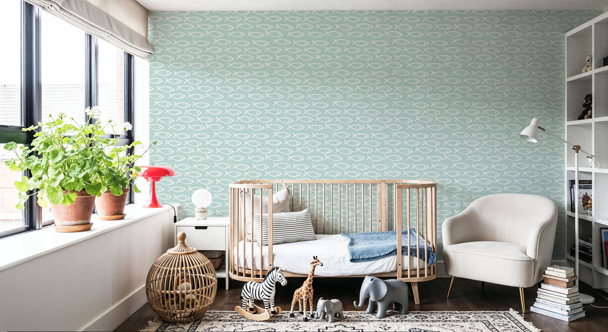 Seaside Fish Light Blue Mural Wallpaper - room preview 06