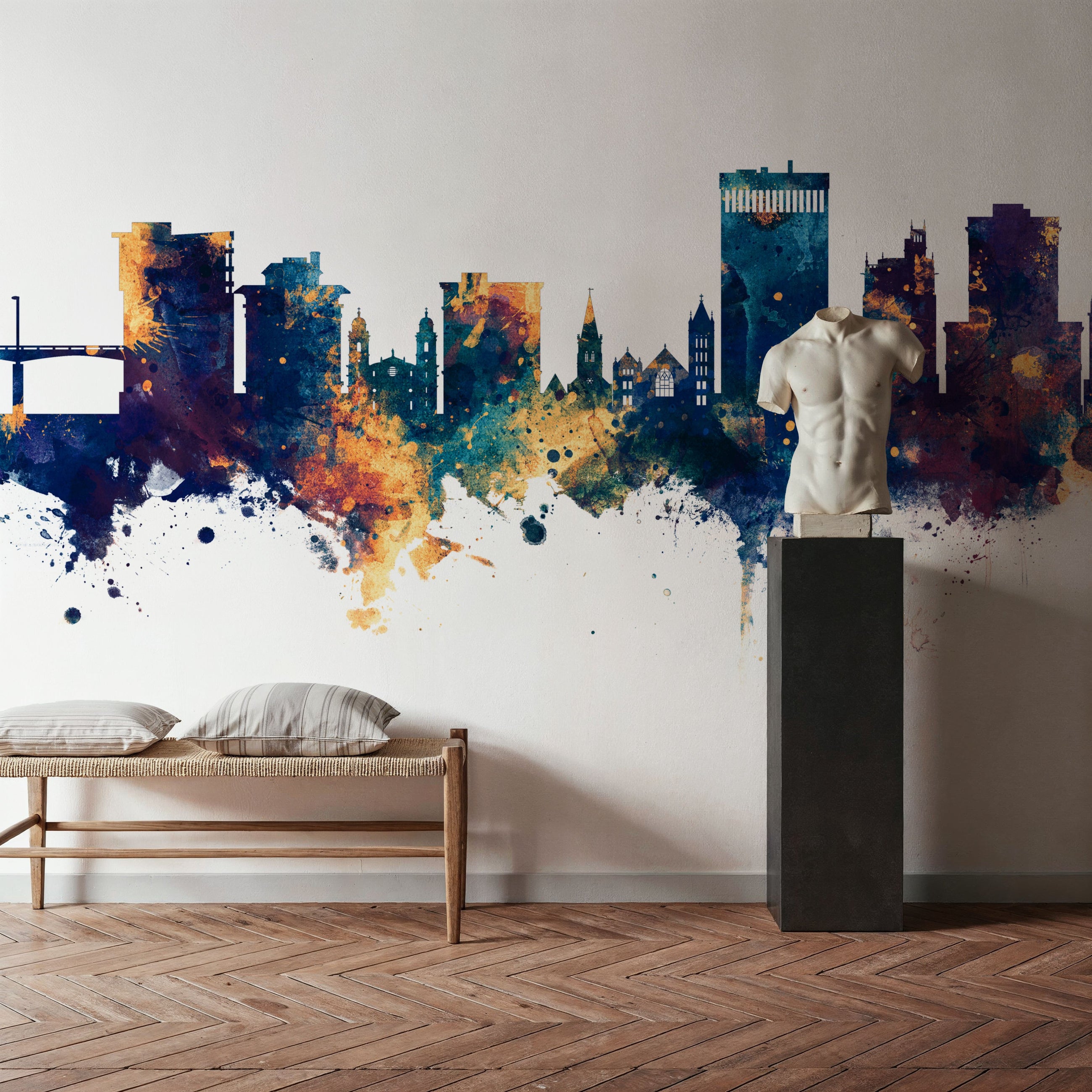 Asheville North Carolina Skyline Blue & Bronze Mural Wallpaper