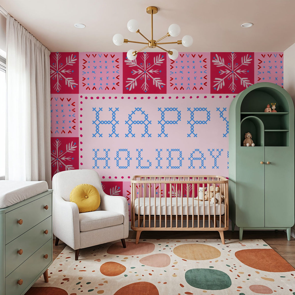 Quilted Christmas I Mural Wallpaper - Red Tone - room preview 06
