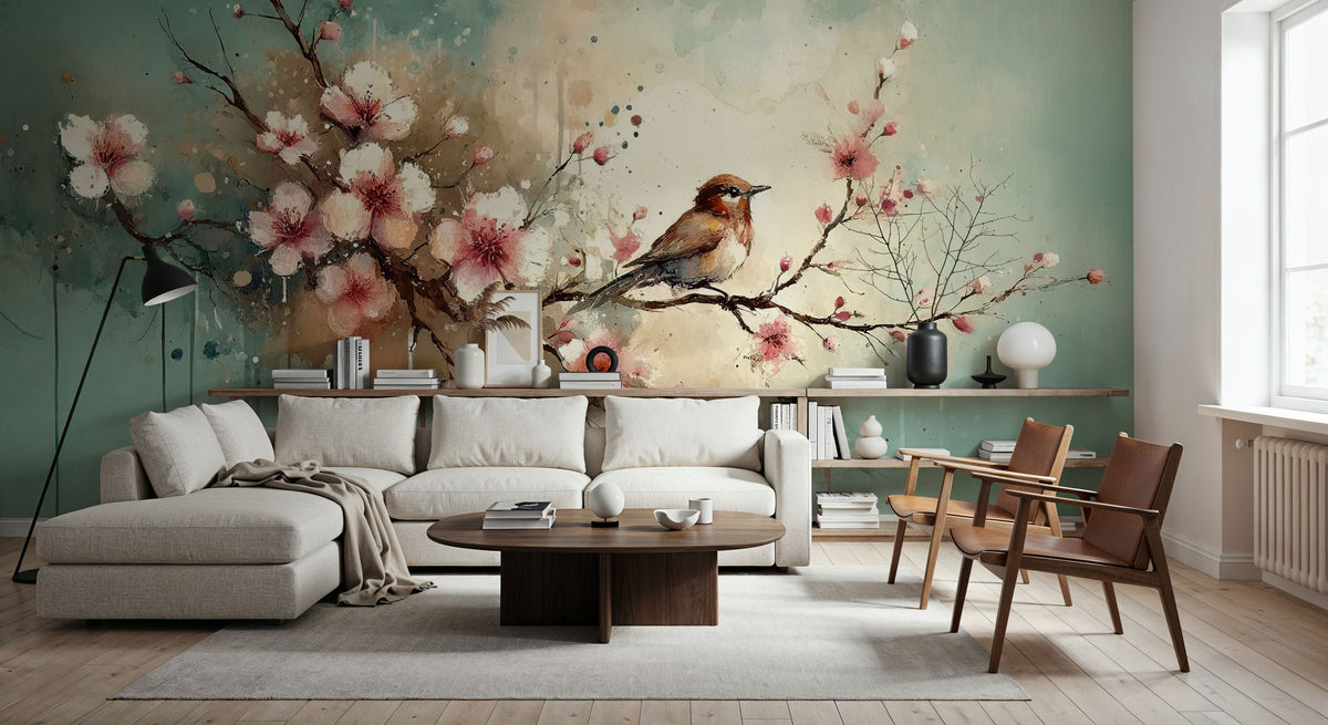 Cherry Blossoms Whispers on Teal Breeze Mural Wallpaper - room preview 06