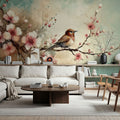 Cherry Blossoms Whispers on Teal Breeze Mural Wallpaper - room preview 06