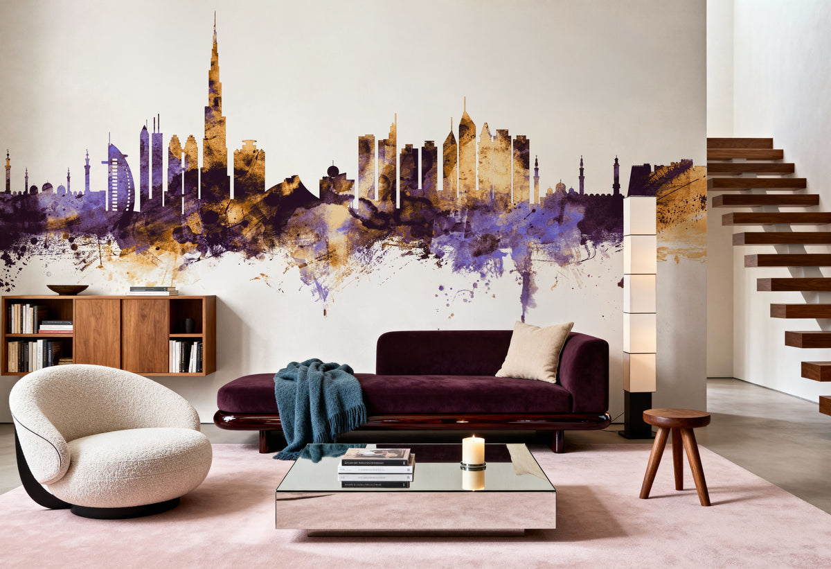 Dubai Skyline Purple & Gold Mural Wallpaper - room preview 06