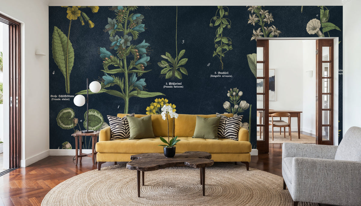 Botanical Floral Chart I Dark Blue Mural Wallpaper - room preview 06
